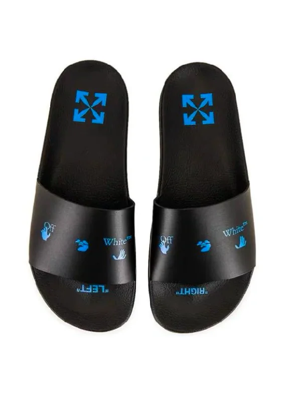 Off-White Print Flat Slides (Black/Blue)