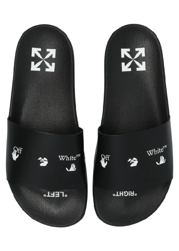 Off-White logo-print flat slides black/white